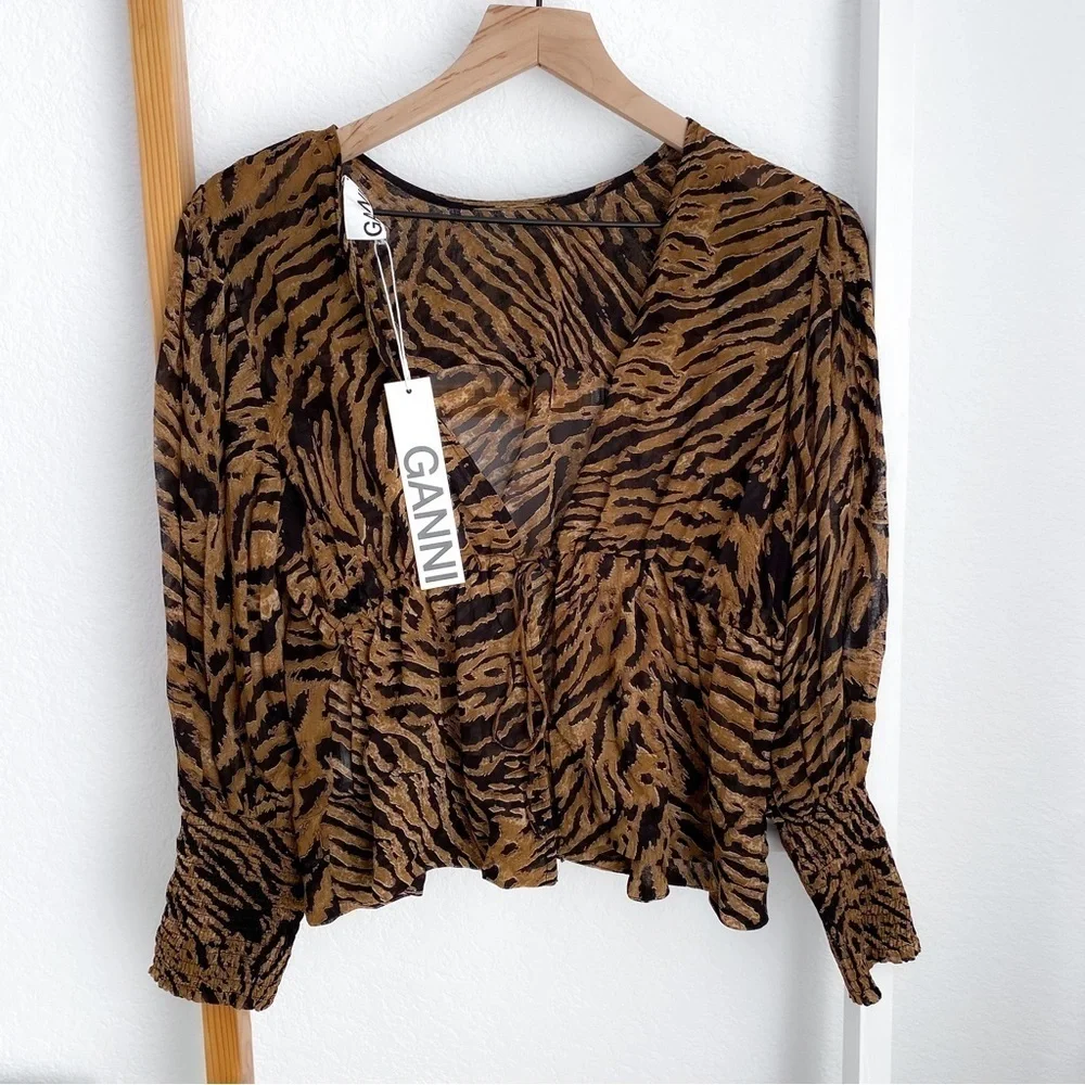 Gianni Tiger Print Bishop Sleeve Top Tie Back Animal Print Brown Orange NEW